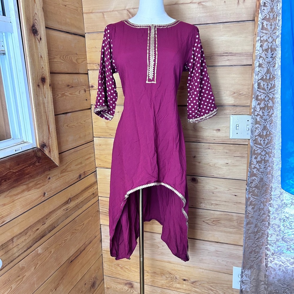 High Low Tunic Dress Womens Large Magenta Polka Dot Gota Patti Rustorange